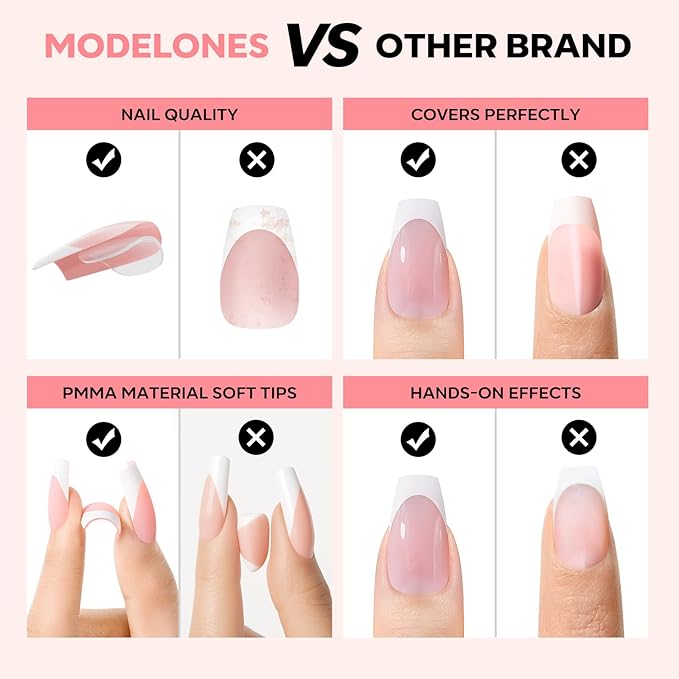 modelones French Tip Press on Nails, 150Pcs Short Coffin Fake Nails with Nail Box, Pink & White Gel Nail Tips for Women, Soft Glue-On Nails for Natural Salon Look, DIY Nail Art Kit (15 Sizes)-Velvo Beauty