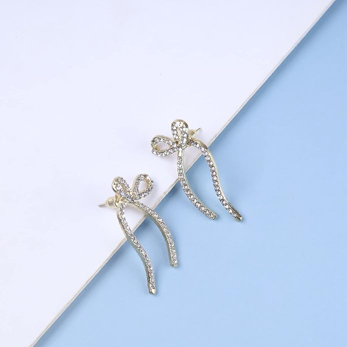 Vintage Crystal Bow Earrings Rhinestone Bow Drop Earrings Long Cz Rhinestone Earrings Gold Bow Cz Stud Earrings Jewelry for Women-Velvo Beauty