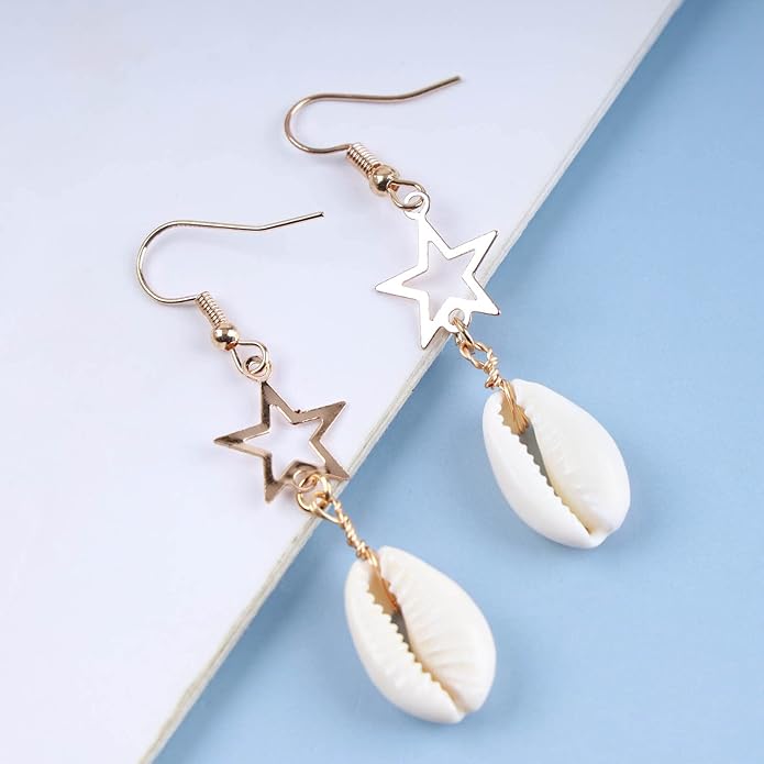 Vintage Cowrie Drop Earrings Puka Shell Dangle Earrings Gold Star Dangling Earrings Hollow Star Earrings Jewelry for Women-Velvo Beauty