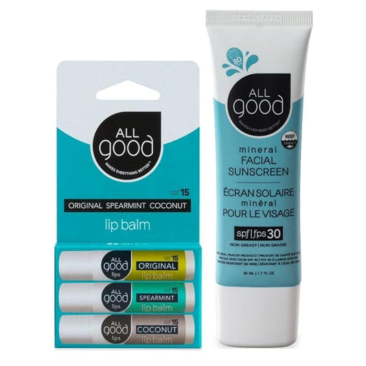 All Good SPF 15 Lip Balm & Facial Sunscreen Bundle - Calendula, Olive Oil, Beeswax, Vitamin E - Includes (1) SPF 15 Lip Balm 3-Pack, and (1) SPF 30 Facial Sunscreen-Velvo Beauty