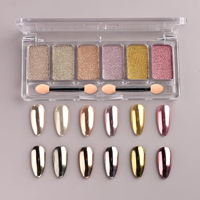 6 Colors Solid Chrome Nail Glitter Powder Set Metallic Mirror Chrome Powder for Nails, Gold Rose Gold Champagne Mutil Colors Palette Nail Pigment Powder Manicure Nail Art Decorations-Velvo Beauty