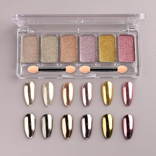 6 Colors Solid Chrome Nail Glitter Powder Set Metallic Mirror Chrome Powder for Nails, Gold Rose Gold Champagne Mutil Colors Palette Nail Pigment Powder Manicure Nail Art Decorations-Velvo Beauty