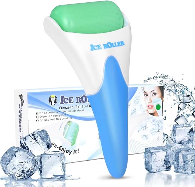 ONLYSKY BEAUTY Ice Roller Face Cooling Cold Roller for Body Eyes Face Skin Care Tools, Roller Cooling Roller for Women & Men（Blue Handle+Green Roller-Velvo Beauty
