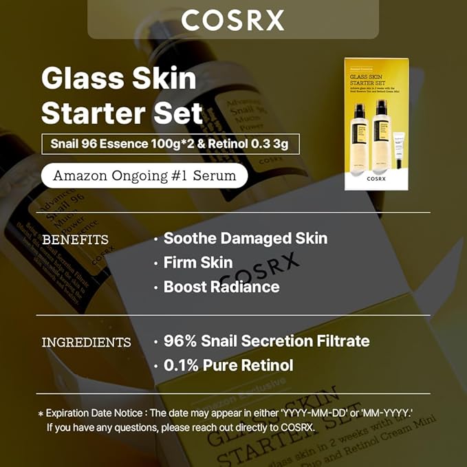 COSRX Glass Skin Korean Skincare Set- Advanced 96% Snail Mucin Serum (3.38fl oz * 2pcs) & Mini Sized 0.1% Retinol Cream for Face (0.1oz)- Korean Skin Care Gift Set, Anti Aging Set-Velvo Beauty