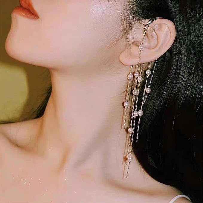 Boho Pearl Ear Wrap Earrings Gold Pearl Ear Cuff Earrings Long Drop Tassel Pearl Earrings Festival Gothic Earrings Non Piercing Ear Climber Cartilage Earrings Jewelry for Women and Girls-Velvo Beauty