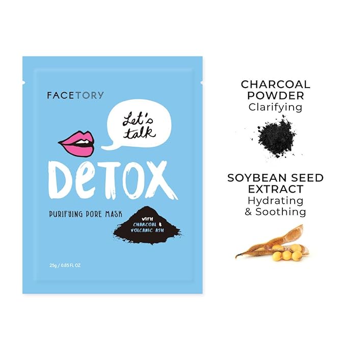 FACETORY K Beauty Face Mask Skin Care - LET'S TALK DETOX PURIFYING Sheet Mask with Charcoal & Volcanic Ash | Pore Refining Charcoal Face Mask (5 Pack)-Velvo Beauty