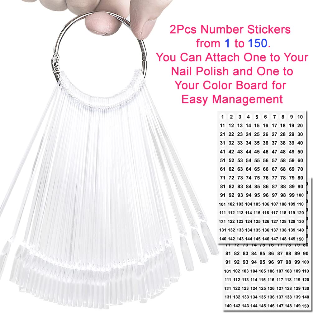 JASSINS 150 Pcs Nail Swatch Sticks with Ring and Number posted, Clear Fan-shaped Nail Art Polish Practice Display Tips Nail Sample Sticks, Nail Practice Color Display Polish Board-Velvo Beauty