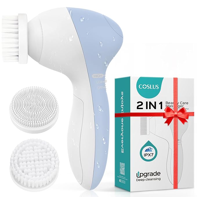 COSLUS Facial Cleansing Brush Silicone Face Scrubber: 2 in1 FBS-D Electric Exfoliating Massage Device Waterproof Deep Cleaning Exfoliation Rotating Spa Machine - Electronic Skin Care Wash Clean System-Velvo Beauty