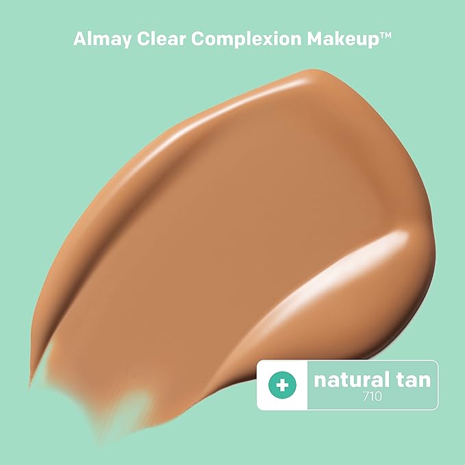 Almay Clear Complexion Acne Foundation Makeup with Salicylic Acid - Lightweight, Medium Coverage, Hypoallergenic, Fragrance-Free, for Sensitive Skin, 710 Natural Tan, 1 fl oz. (Pack of 2)-Velvo Beauty