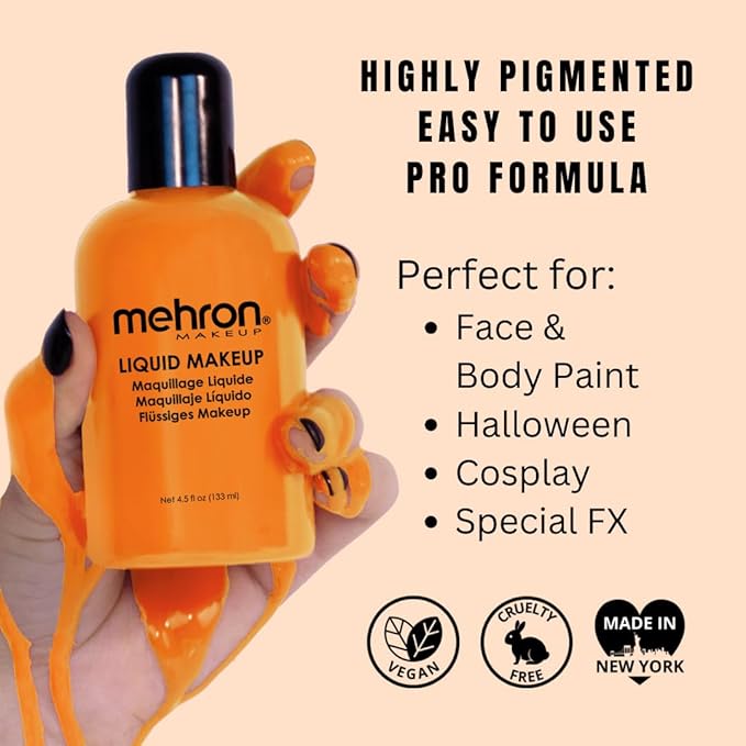 Mehron Makeup Liquid Makeup | Face Paint and Body Paint Perfect for Halloween, Cosplay I Air Brush Compatible 4.5 oz (133 ml) (Orange)-Velvo Beauty