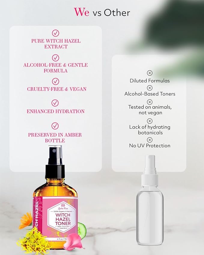 Witch Hazel Alcohol Free Toner by Leven Rose, 100% Pure Organic Facial Rose Water with Rose Petals, Calendula, Cucumber, and Chamomile Flower 4 oz-Velvo Beauty