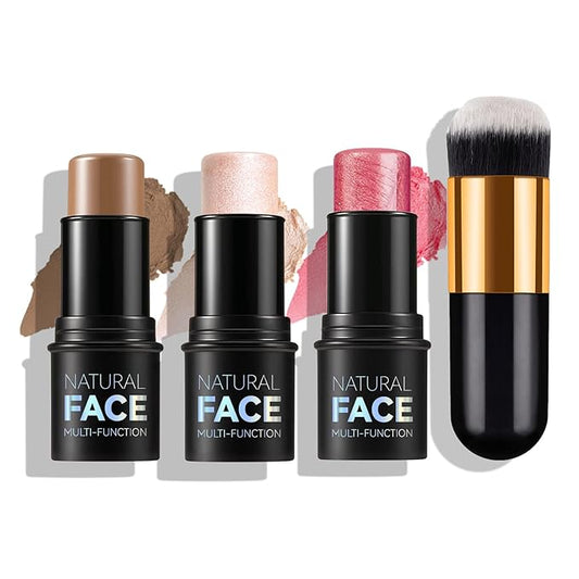 3pcs Face Contour Stick Makeup Set, Highlighter Stick Blush Stick Cream Contour Kit with Brush, Contouring Stick for Fair Skin, Concealer Makeup Stick Gift for Beginner Women Teen Girls-Velvo Beauty