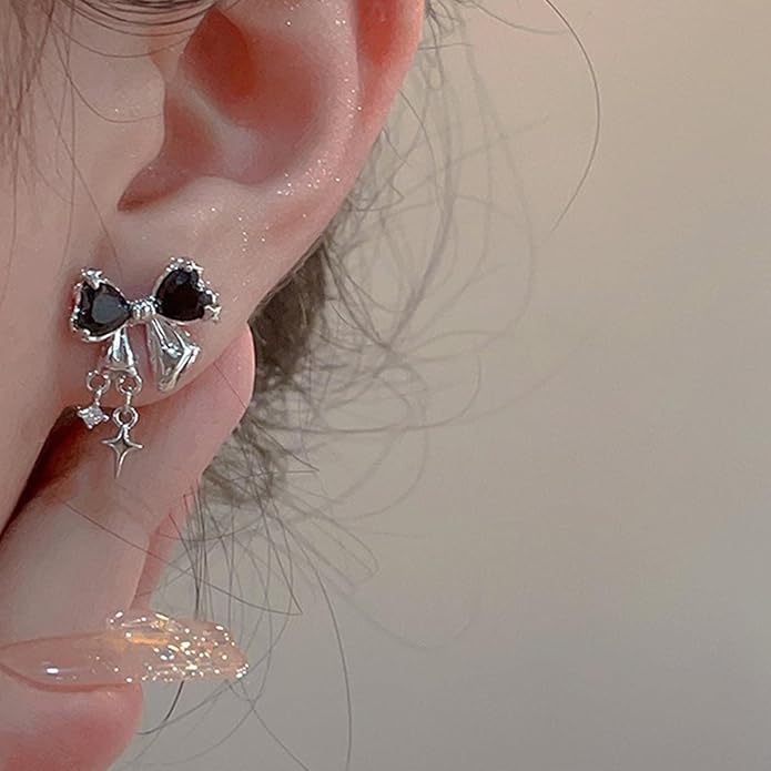 Vintage Crystal Bow Earrings Black Onyx Stud Earrings Silver Tiny Cross Drop Earrings Sparkly Cz Rhinestone Bow Earrings Jewelry for Women-Velvo Beauty