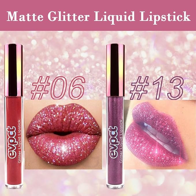 evpct 2Pcs Plum & Dark Wine Red Matte to Glitter Liquid Lipstick Long Lasting Lip Set Kit for Women Diamond Shiny Glitter Sparkly Glossy Metallic Shimmer Sparkle Waterproof Lipstick Lip Gloss 06+13-Velvo Beauty