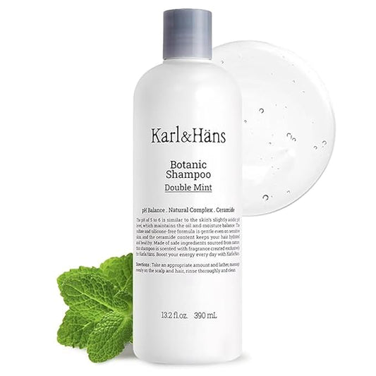 Karl&Hans Botanic Double Mint Vegan Shampoo Organic for Men and Women, Sulfate-Free Hair Shampoo with Peppermint & Natural Flower Extracts, Scalp Repair for All Hair Types, 13.2 fl oz-Velvo Beauty
