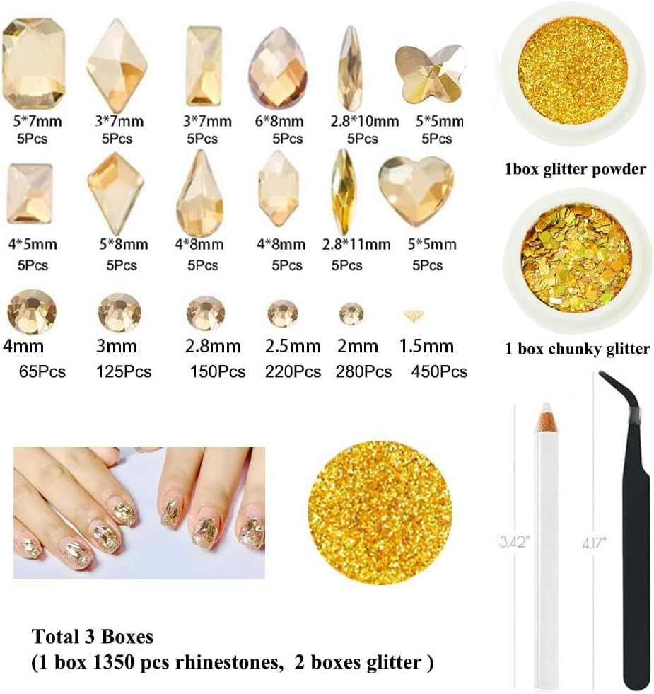 3 Boxes Champagne Gold Nail Rhinestones with Fine Glitters Kit, 60Pcs Big Glass Nail Gems with S6-S16 Flatback Round Stones,Crystals Nail Gem Stones for Faces Body DIY Crafts-Velvo Beauty