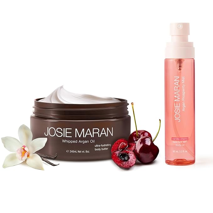Josie Maran Argan Layering Kit - Whipped Argan Oil Body Butter + Prosperity Body Mist - Delivers an All Over Body Glow, Intense Hydration & Absorbs Quickly - Vanilla Cherry (2 Piece Set)-Velvo Beauty