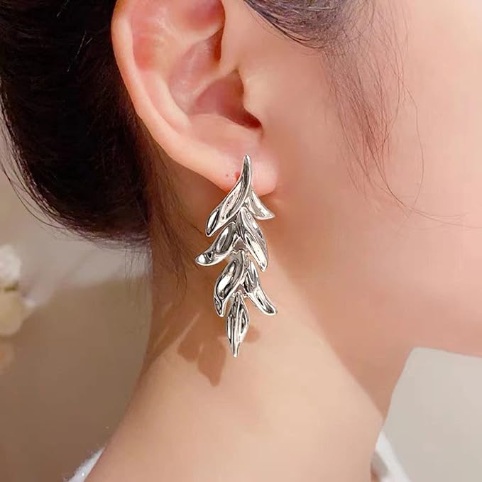 Statement Leaf Dangle Drop Earrings Vintage Silver Leaf Cluster Drop Earrings Punk Large Leaf Dangle Earrings Bridal Earring Wedding Prom Earring Jewelry for Women and Girls-Velvo Beauty