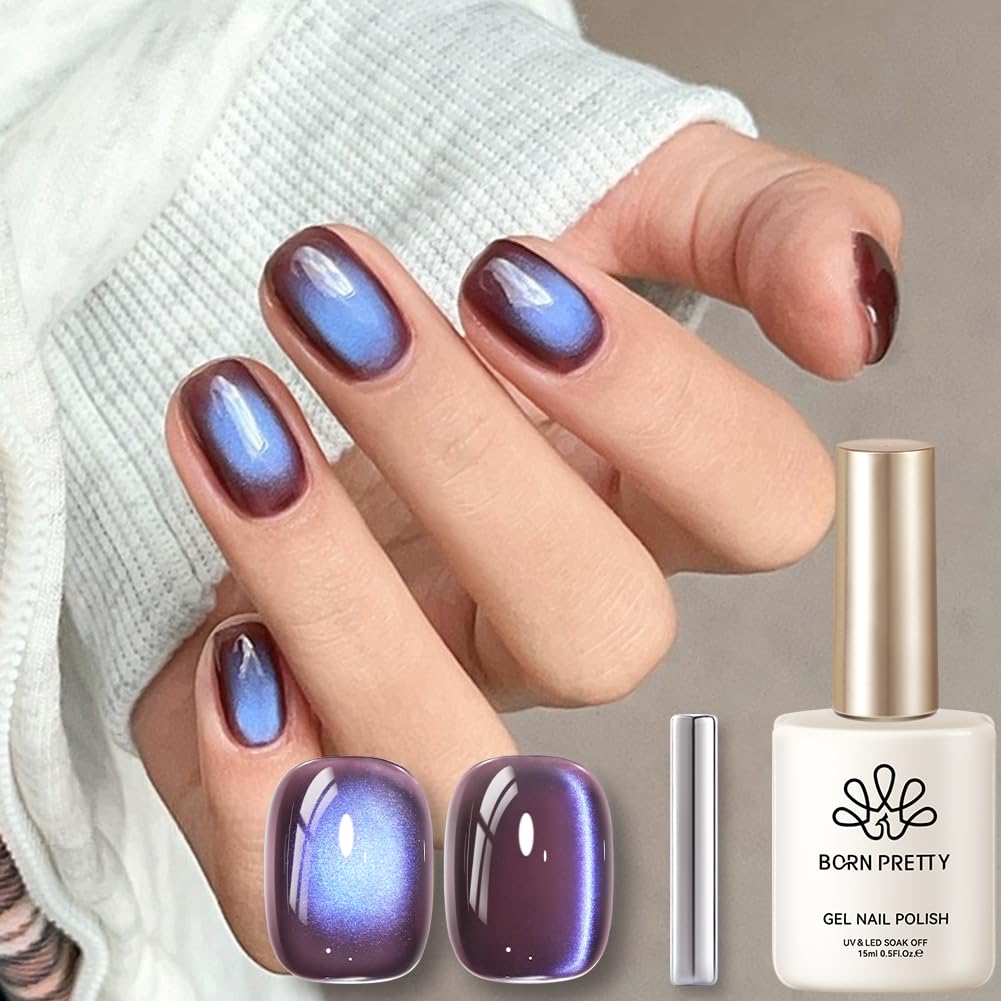 BORN PRETTY Cat Magnetic Eye Gel Nail Polish,Indigo Eggplant Glitter Cat Magnetic Gel Nail Polish Magnetic Nail Polish for Nail Art Manicure Salon DIY at Home 15ML-Velvo Beauty