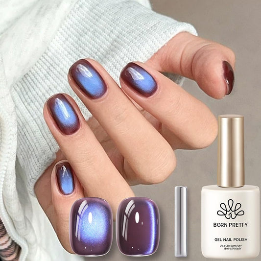 BORN PRETTY Cat Magnetic Eye Gel Nail Polish,Indigo Eggplant Glitter Cat Magnetic Gel Nail Polish Magnetic Nail Polish for Nail Art Manicure Salon DIY at Home 15ML-Velvo Beauty