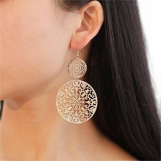 Filigree Hollow Disc Dangle Drop Earrings Boho Gold Ethnic Carved Flower Earrings Double Round Disc Drop Earrings Statement Hook Earrings Wedding Bridesmaid Jewelry for Women and Girls-Velvo Beauty
