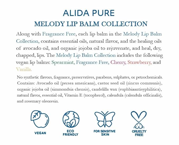 ALIDA PURE Melody Lip Balm Collection, Vegan, Lip Balm, Beeswax Free, with Avocado Oil, Organic Jojoba Oil, and Vitamin E, Natural Moisturizer for Dry, Chapped Lips, 5 Tube Set-Velvo Beauty