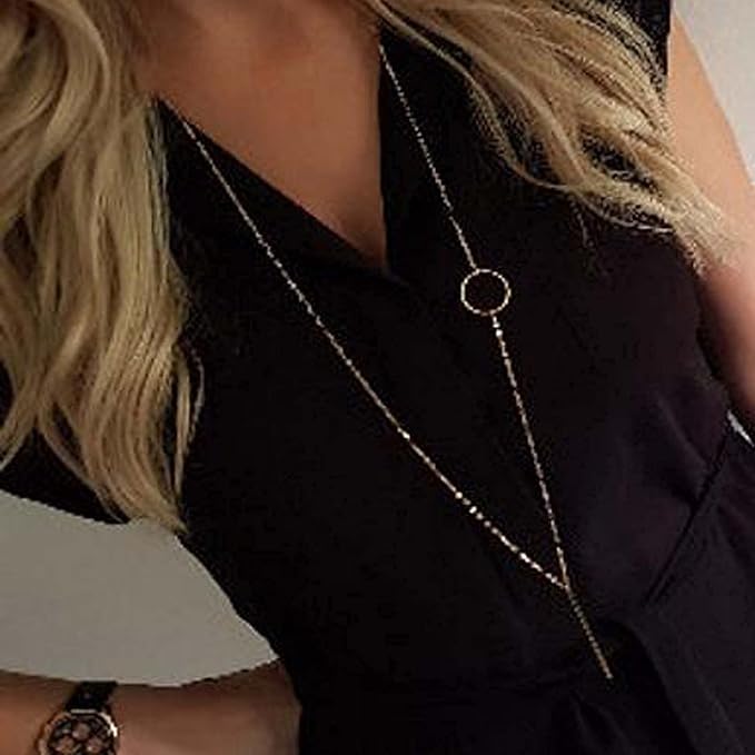 Vertical Bar Circle Necklace Silver Circle Pendant Necklace Boho Long Necklaces Chain Minimalist Geometric Ring Necklace Jewelry for Women and Girls-Velvo Beauty