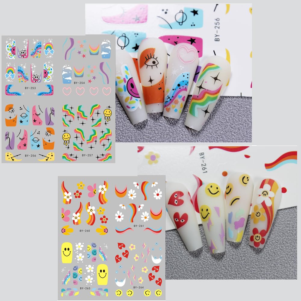 Abstract French Tips Nail Art Stickers Decals Colorful Sun Flower Smiling Nail Foils Sticker Water Transfer Nail Decals Rainbow Design Acrylic Nail Sticker for Nail Art Women Nail Decoration 12Pcs-Velvo Beauty