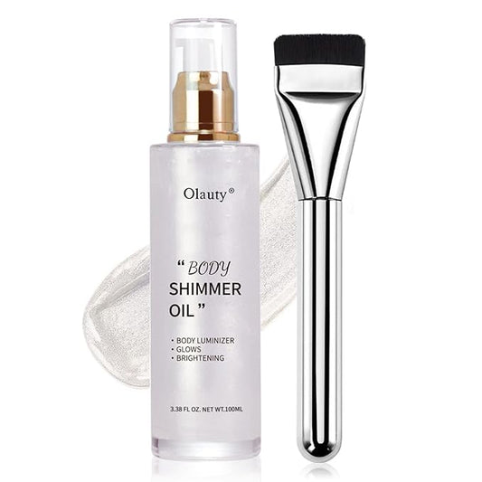 Shimmer Body Oil-Pearl White Face Brighten Glow Pearl Highlighter Liquid Illuminator Body Glow Oil,4 Color Bronze Makeup Glitter Body Shimmer Oil with Makeup Brush-Velvo Beauty