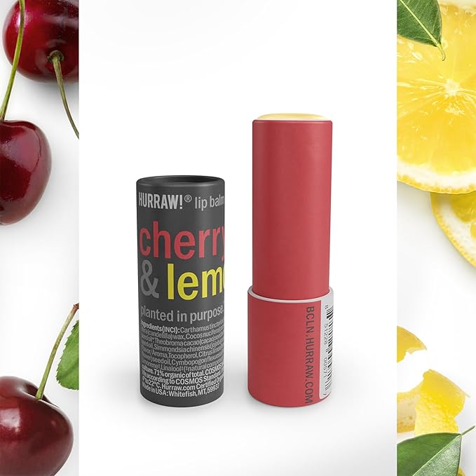 Hurraw! Cherry & Lemon Lip Balm, 3 Pack: Plastic-Free with new cardboard push-up tube. Certified Organic, All Natural Origin, Vegan & Cruelty Free. Gluten Free. Bee, Shea, Soy & Palm Free. Made in USA-Velvo Beauty