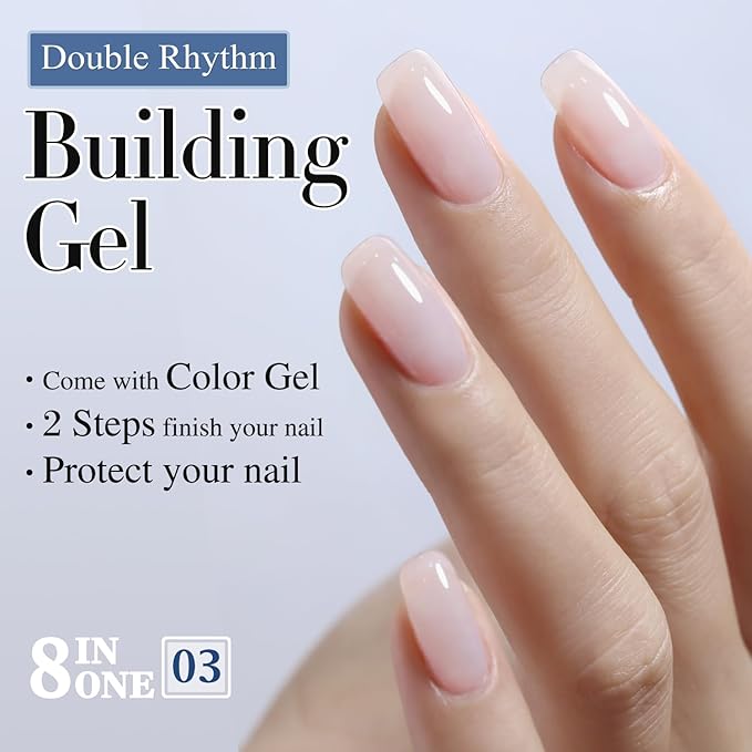 Double Rhythm 0.52 Oz Rubber Gel Polish Nail Strengthener Builder in a Bottle for Thickening Extension Hard Structure Glue (Nude Pink 8 in 1-3)-Velvo Beauty