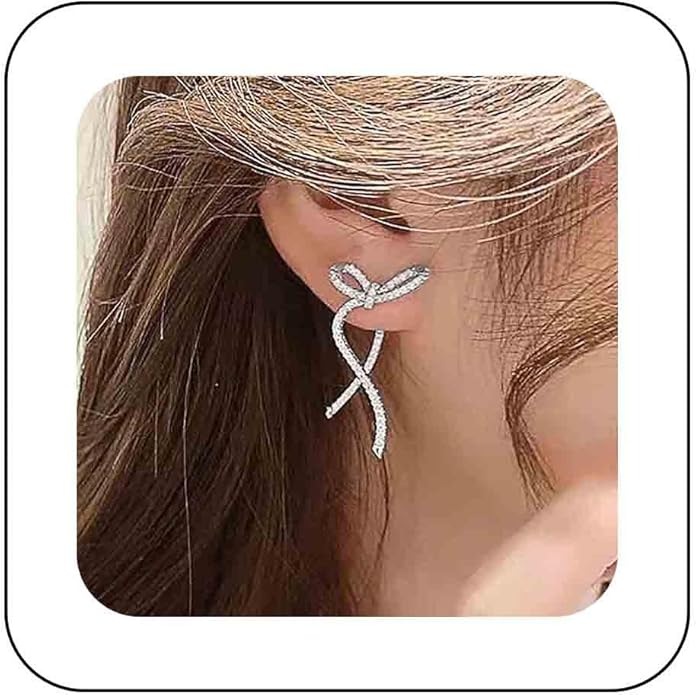 Vintage Crystal Bow Earrings Rhinestone Bow Drop Earrings Long Cz Rhinestone Earrings Gold Bow Cz Stud Earrings Jewelry for Women-Velvo Beauty