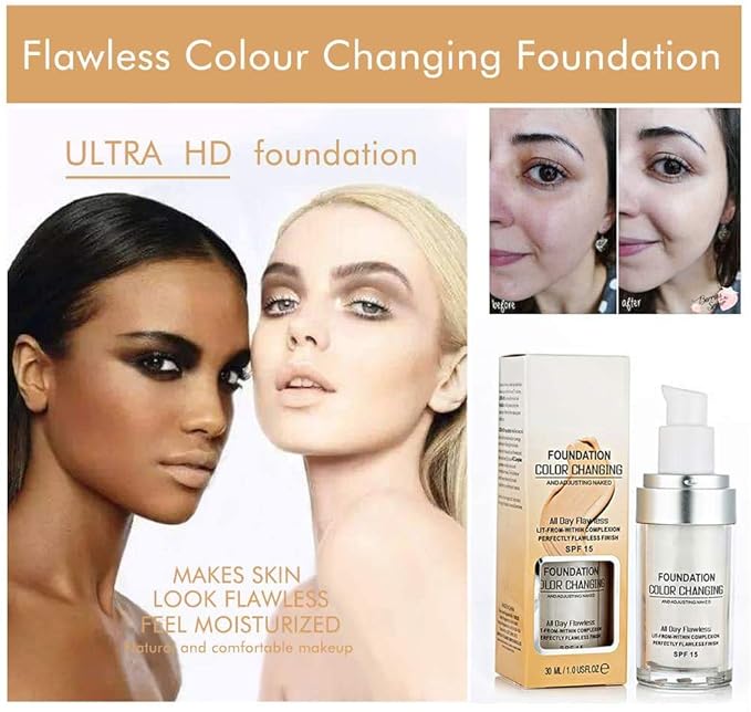 30ML Flawless Colour Changing Warm Skin Tone Foundation,Naturally Blends Moisturizing foundation makeup,Long Lasting Waterproof Poreless Liquid Foundation SPF 15 for Face Makeup-Velvo Beauty