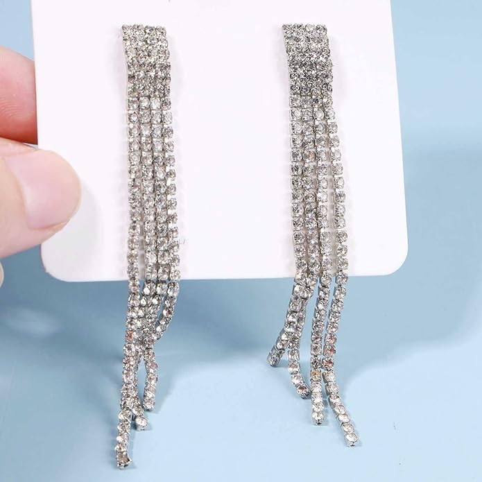 Boho Rhinestone Tassel Earrings Long Fringe Drop Dangle Earrings Silver Crystal Chain Tassel Earrings Vintage Chandelier Chain Studs Earrings Luxury Statement Earrings Jewelry for Women and Girls Gifts-Velvo Beauty