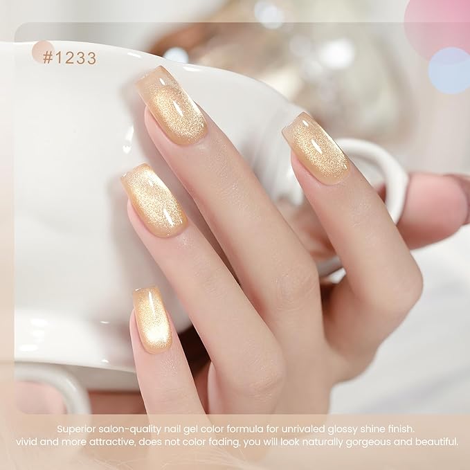 RARJSM Glass Jelly Cat Eye Gel Nail Polish Set 6pcs Reflective Sparkly Diamond Glitter Nude Pink Lake Blue Green Purple Clear Cateye Gelpolish with Magnet Stick 7.5ml Curing Requires for Home Salon-Velvo Beauty