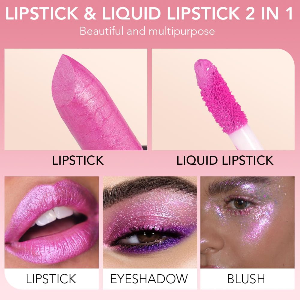 evpct 2 in 1 Hot Pink Glitter Metallic Shimmer Diamond Lipstick and Lip Gloss Set for Women Long Lasting Waterproof, Rose Pink Sparkle Glitter Shiny Lipstick and Lip Liner Makeup Set, 04#-Velvo Beauty