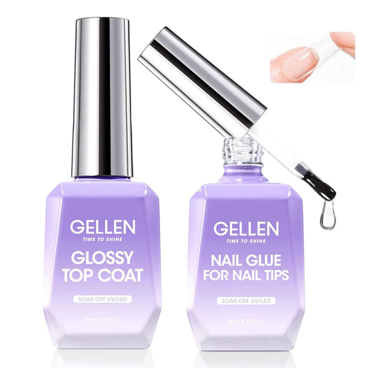 Gellen 4 in 1 Nail Glue Gel and No Wipe Gel Top Coat for False Nail Tips & Acrylic Nails & Clear Press on Nails, 18ML Long Lasting Nail Gel Kit, Home Salon Manicure Set-Velvo Beauty