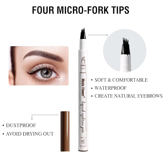 Music Flower Eyebrow Pen, Liquid Eyebrow Pen, Waterproof Brow Pencil with Micro-Fork Tip, Smudgeproof Long Lasting Fine Sketch Microblading Pen, Reddish Brown-Velvo Beauty