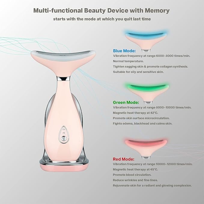 Lily Neck Face Massager, Face Sculpting Tool, Skin Rejuvenation Device with Thermal, Triple Action LED and Vibration, for Anti-Aging, Lifting and Tightening Sagging Skin (Pink)-Velvo Beauty