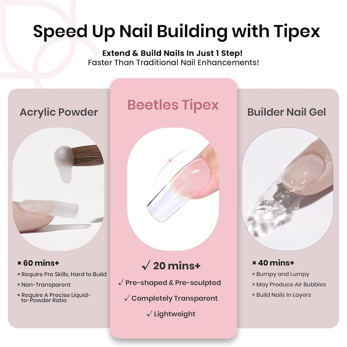 Beetles Tipex Nail Kit, Square Medium Nail Tips 224 Pcs 16 Sizes Pre-Etched Fake Nails with Tipex Nail Glue Mini Nail Lamp - Thick Acrylic Nail Set Pre-Builder Gel Press-on Nails-Velvo Beauty
