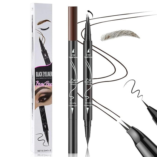 Curved 2 Tip Eyebrow Pen-Brown Eyebrow Pencil With Black Eyeliner 2-in-1 Dual-Ended Create Natural Hair-Like Brows,Waterproof,Smudge Proof,Long Lasting All-Day-Velvo Beauty