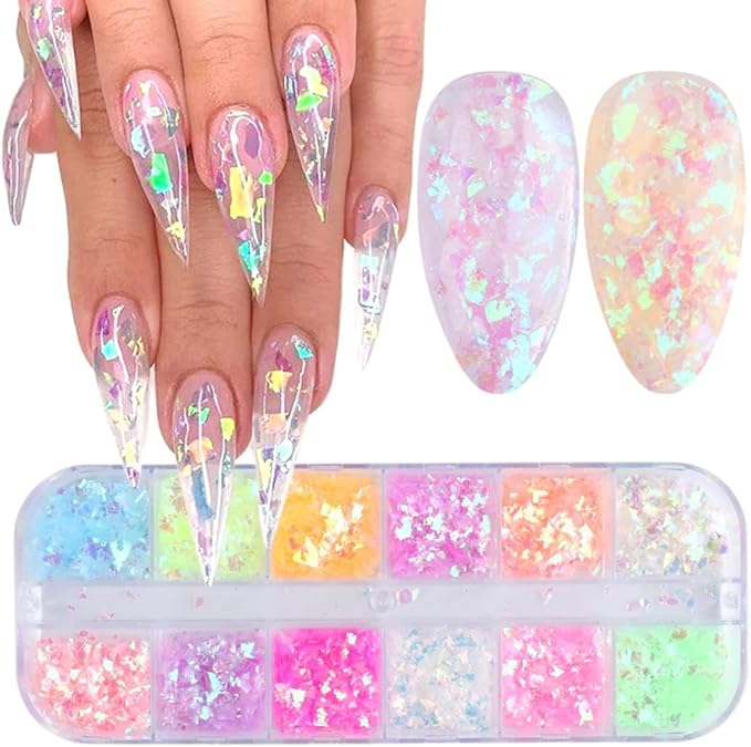 12 Colors Holographic Nail Art Glitter Sequins Iridescent Ice Slag Nail Glitter Laser Nail Art Flakes Colored Fluorescent Glass Paper Nail Sticker Decoration for Face Hand Body Make-Up DIY-Velvo Beauty