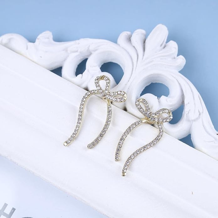 Vintage Crystal Bow Earrings Rhinestone Bow Drop Earrings Long Cz Rhinestone Earrings Gold Bow Cz Stud Earrings Jewelry for Women-Velvo Beauty