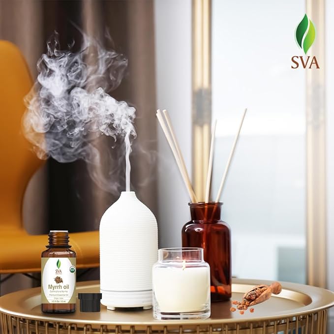 SVA Myrrh Essential Oil Organic – 1/3 Fl Oz – 100% Natural Organic Myrrh Oil - for Diffuser, Hair Care, Face, Skin Care, Aromatherapy, Scalp and Body Massage, Soap and Candle Making-Velvo Beauty