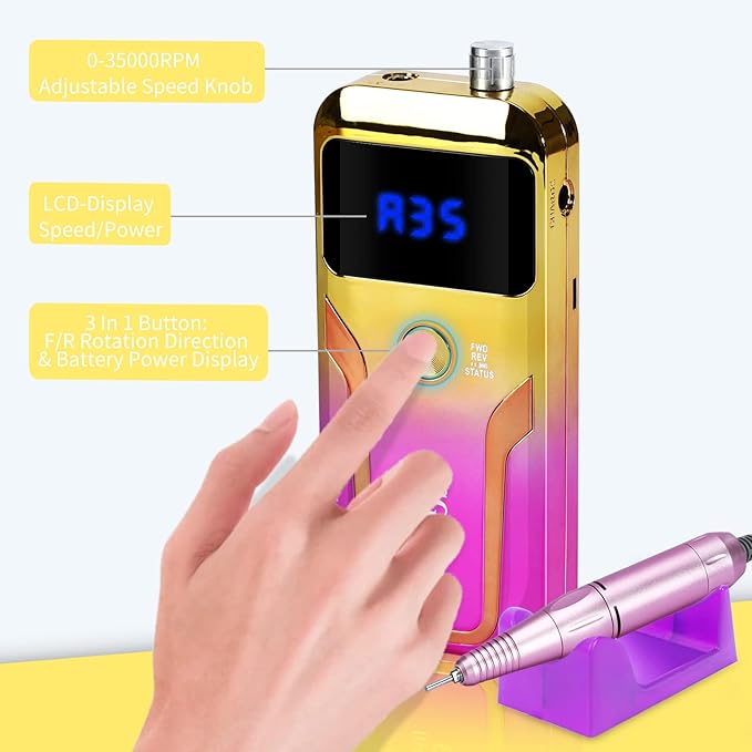 Portable Nail Drill Professional 35000 RPM, MOCOWIND Rechargeable Electric Nail File Machine for Acrylic Nails Gel Polishing, Cordless E-File with Bits Kit for Manicure Salon Home, Yellow & Purple-Velvo Beauty