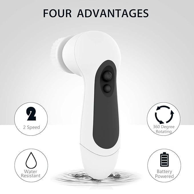 Waterproof Facial Cleansing Spin Brush Set with 5 Exfoliating Brush Heads - Electric Face Scrubber Cleanser Brush by CLSEVXY - Face Brush for Gentle Exfoliation and Deep Scrubbing-Velvo Beauty