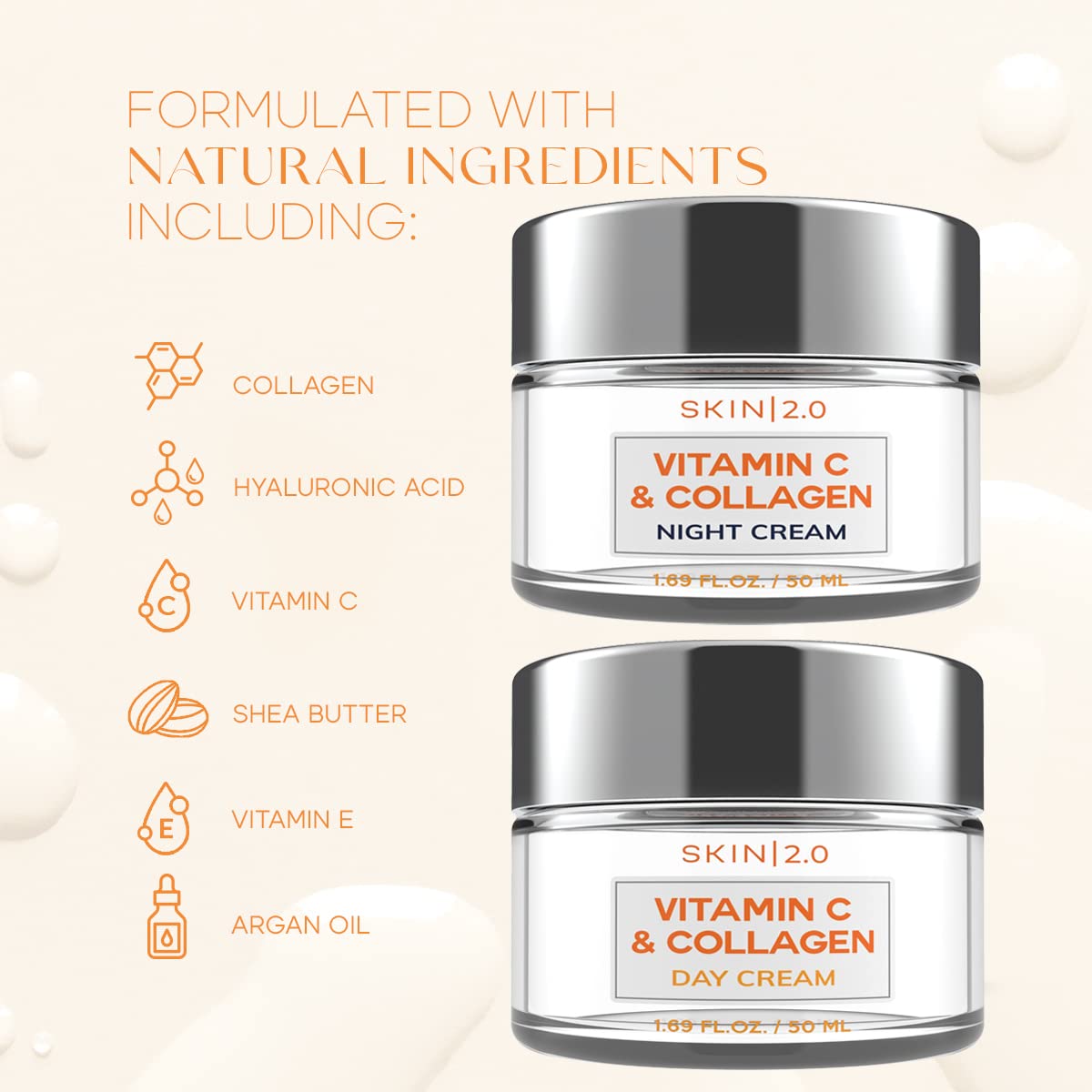 Vitamin C & Collagen Day & Night Face Moisturizer Cream - Dermatologist Tested, Brightening, Anti-Aging, Clean Beauty, Cruelty-Free Korean Skincare for All Skin Types - 1.69 oz (2-Pack)-Velvo Beauty