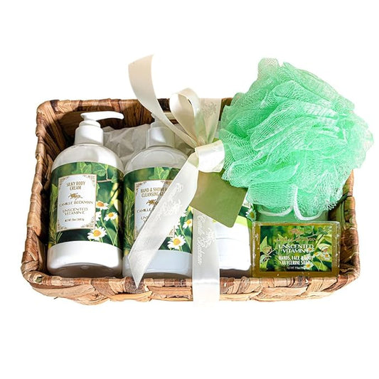 Camille Beckman Essentials Gift Basket, Vitamin E Unscented, Glycerine Hand Therapy 6 oz, Silky Body Cream 13 oz, Hand and Shower Cleansing Gel 13 oz, Glycerine Soap 3.5 oz-Velvo Beauty