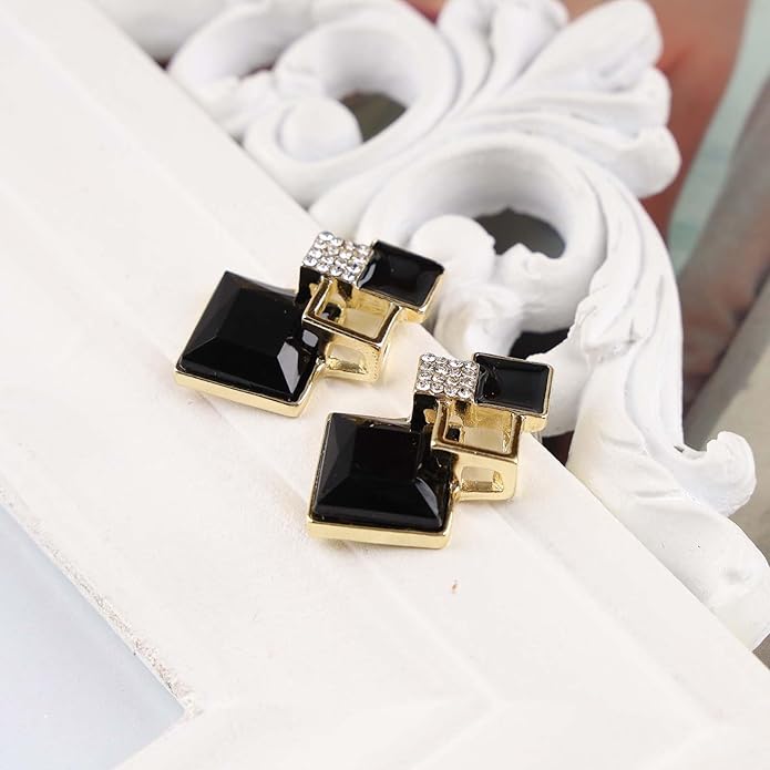 Vintage Crystal Square Drop Earrings Black Square Stud Earrings Gold Hollow Square Dangle Earrings Black Onyx Square Earrings Jewelry for Women-Velvo Beauty