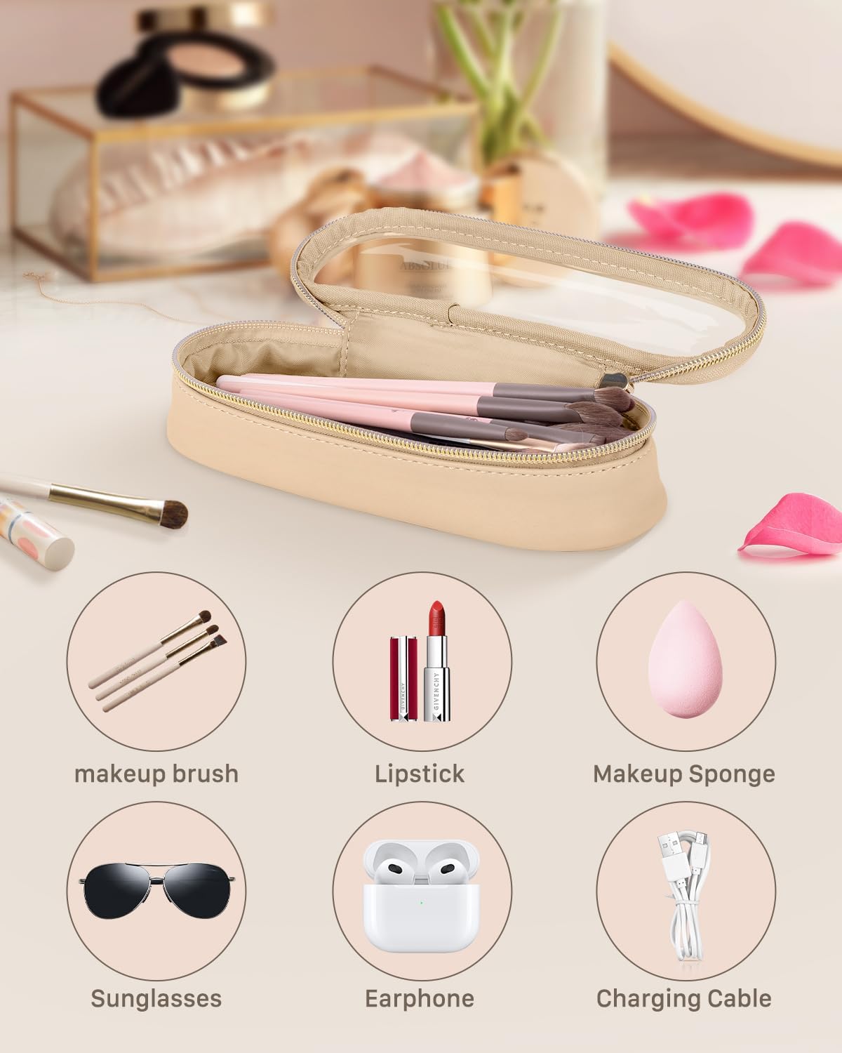 Clear Travel Makeup Brush Holder, Leather Makeup Brush Toiletry Bag, Portable Cosmetic Brush Case, Transparent Waterproof Makeup Brush Storage Bag, Khaki-Velvo Beauty